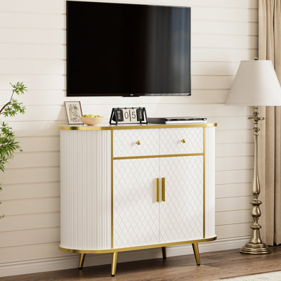 Buffet de luxe incurvé avec détails cannelés, 2 tiroirs et portes, blanc et doré, pour le hall d'entrée - Style moderne, intérieur réglable, tiroirs à fonctionnement doux, hauteur de 29,18 po