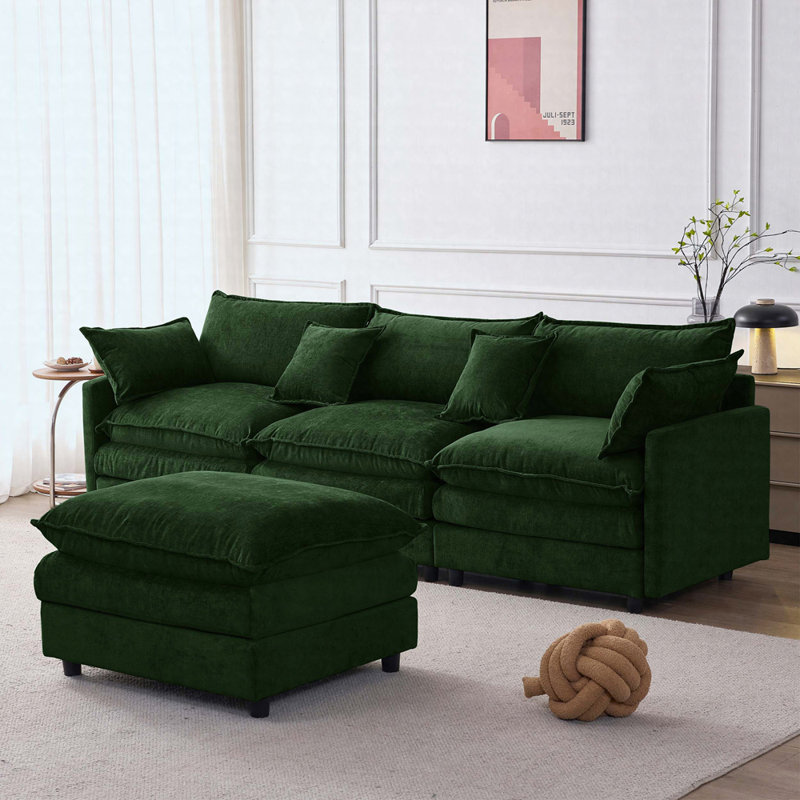 Canapé modulaire en L 105 po avec repose-pieds en chenille de 105 po, canapé de salon 3 places, Vert