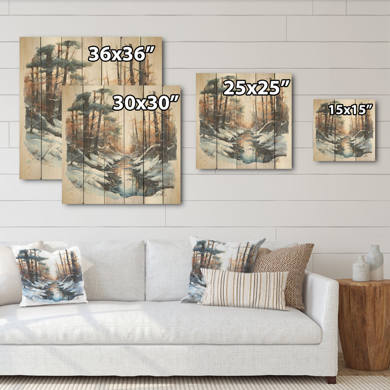 Rivière en forêt, paysage d'hiver I - forêt, art mural sur bois de pin naturel, H 15 po x l 15 po