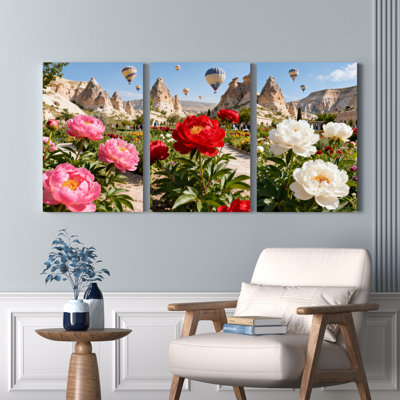 Fleurs de pivoines et montgolfières en Cappadoce, reproduction d'art sur toile tendue sur toile, ensemble de 3
