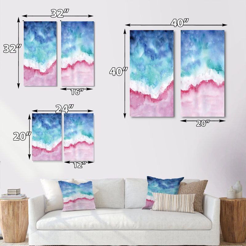 «Abstract Ocean Pink and Blue Waves», ensemble de 2 peintures sur toiles, H 20 po x l 24 po x P 1 po, Toile tendue