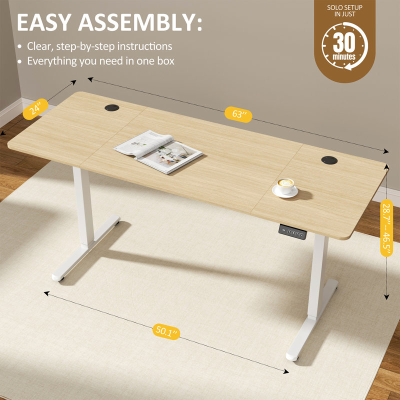 Bureau debout réglable électrique Oishee, 46.5" H x 63" W x 24" D, Jaune / Blanc
