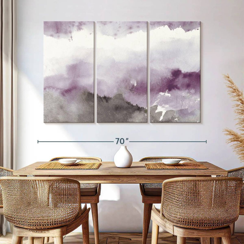 Paysage abstrait, minuit sur le lac, améthyste et gris sur toile, ensemble de 3 pièces, H 42 po x l 65 po x P 1,25 po