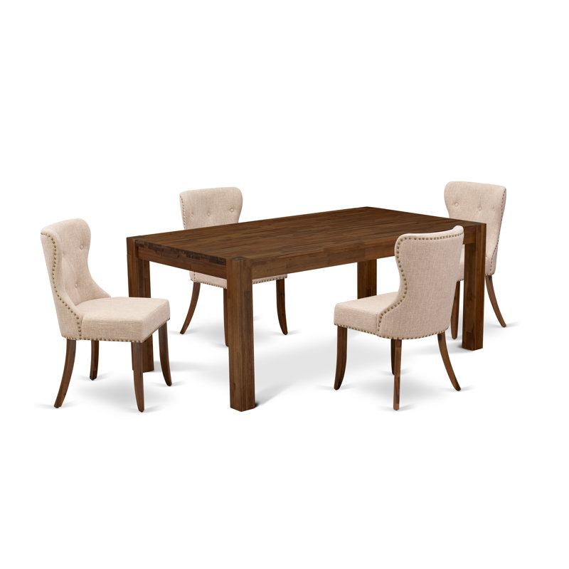 5 Piece Dining Room Table Set Includes a Rectangle Rustic Wood Dining Table and 4 Light Tan Linen Fabric Upholstered Chairs, Antique Walnut