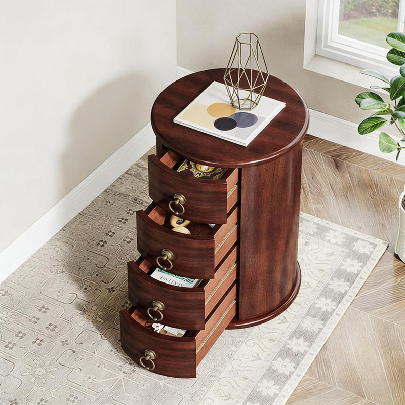 Table d'appoint Mid-Century ronde à 4 tiroirs