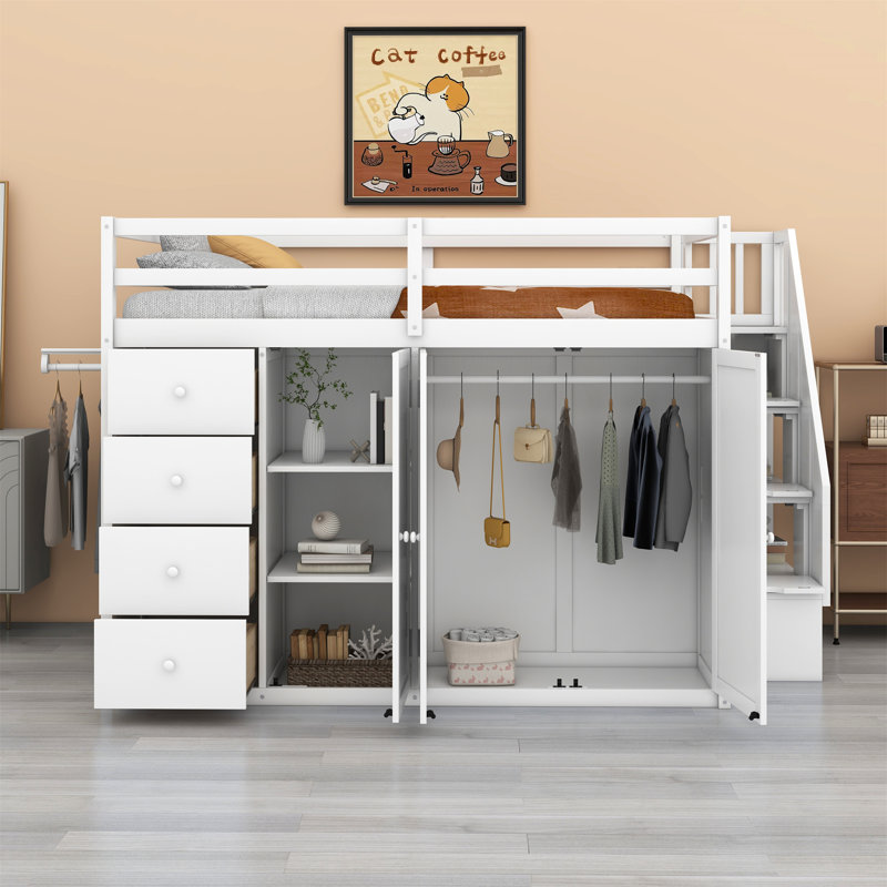 Jeanni Kids Full Loft Bed with Drawers, White