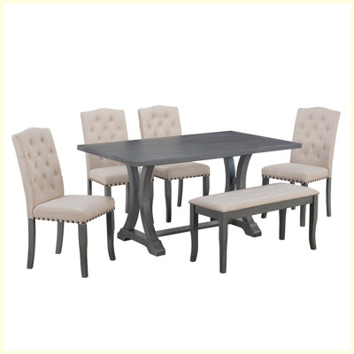 6-Piece Farmhouse Dining Table Set with Rectangular Trestle Table and 4 Upholstered Chairs