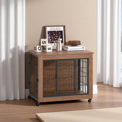 Mobilier de cage pour chien avec roulettes pour petits chiens, chenil robuste pour l'intérieur avec 2 portes, table de bout en bois pour cage pour animaux de compagnie, cage en métal robuste pour animaux de compagnie à deux portes