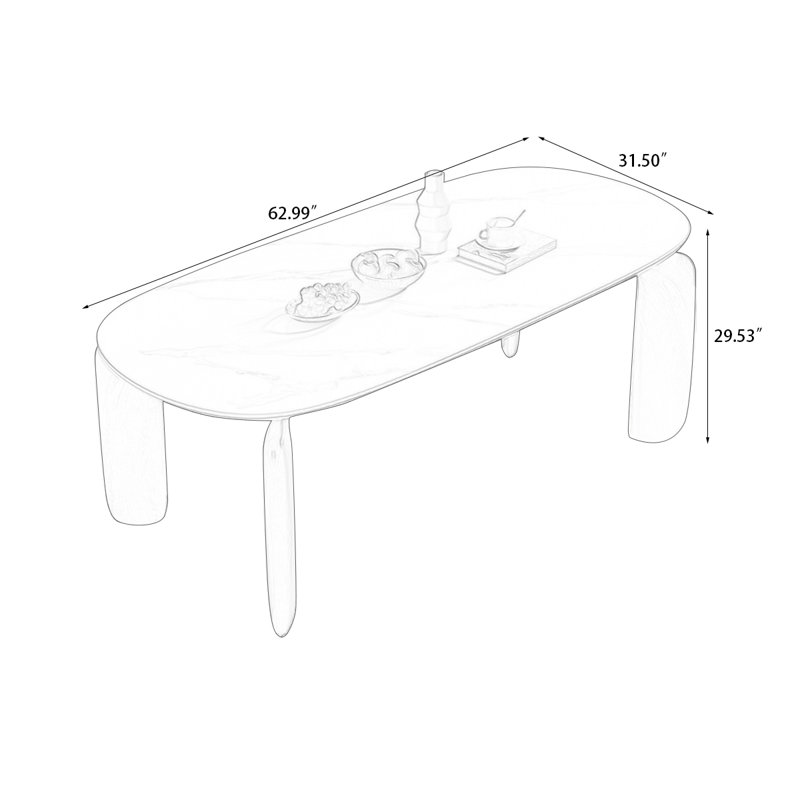 White+Reddish-brown Oval Sintered Stone+Solid + Manufactured Wood Dining Table, 29.53"H x 62.99"L x 31.5"W