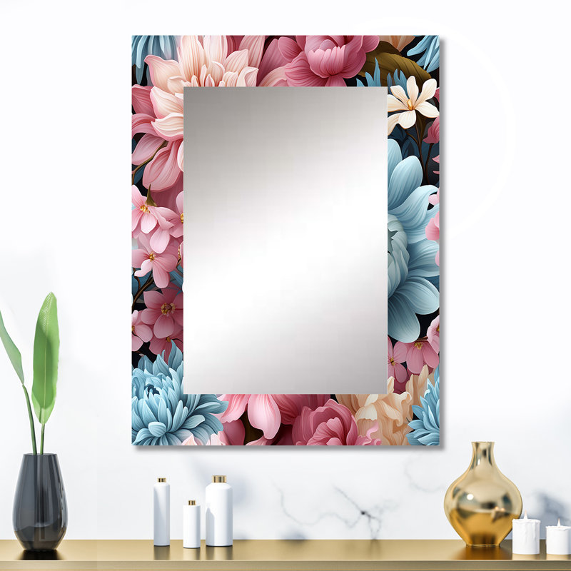 Aranveer bleu et rose pastel pivoines fleurs accent - miroir décoratif floral, miroir mural de chalet, art en métal imprimé
