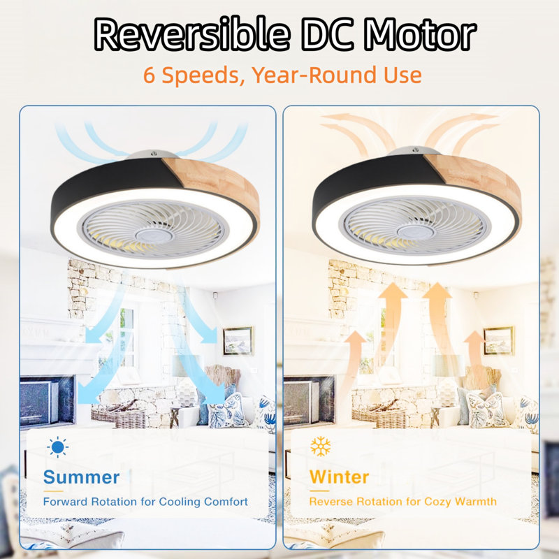 19.7'' Ceiling Fans With Lights And Remote Modern Flush Mount Ceiling Fans Solid Wood Caged Low Profile Fandelier Ceiling Fan For Bedroom Kitchen Living Room  Black Ceiling Fan