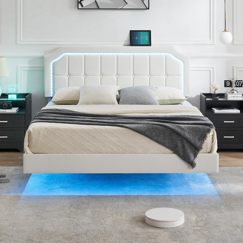 Faux Leather Floating Bed Frame, Upholstered Platform Bed Frame With Led Lights, White, Queen