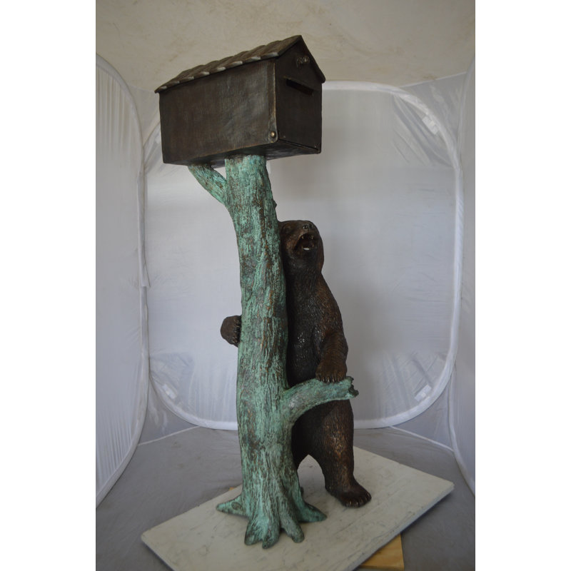 Bear beside a Tree with Mailbox Bronze Statue -  Size: 19"L x 20"W x 50"H. 