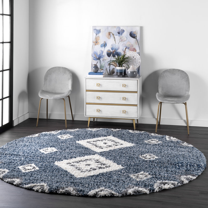 Hassan Geometric Blue Area Rug, Round 8'