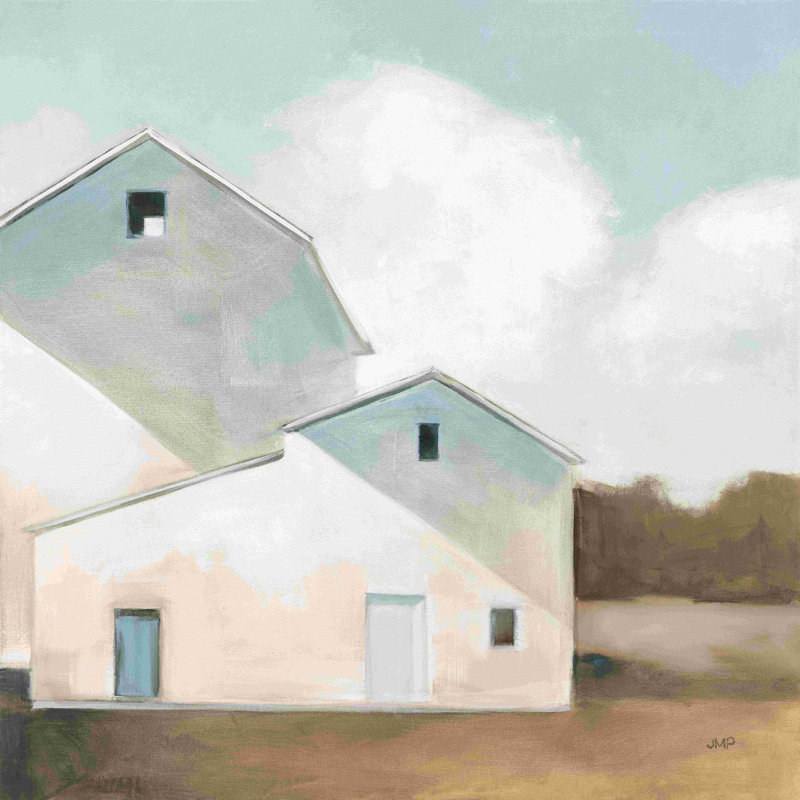 «Barn Shadows Neutral» par Julia Purinton - Peinture, H 20 po x l 20 po, Papier avec cadre simple argenté avec passe-parto