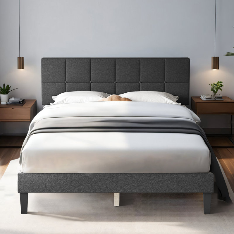 Platform Bed Frame with Upholstered Adjustable Headboard, No Box Spring Needed, Dark Grey, Queen