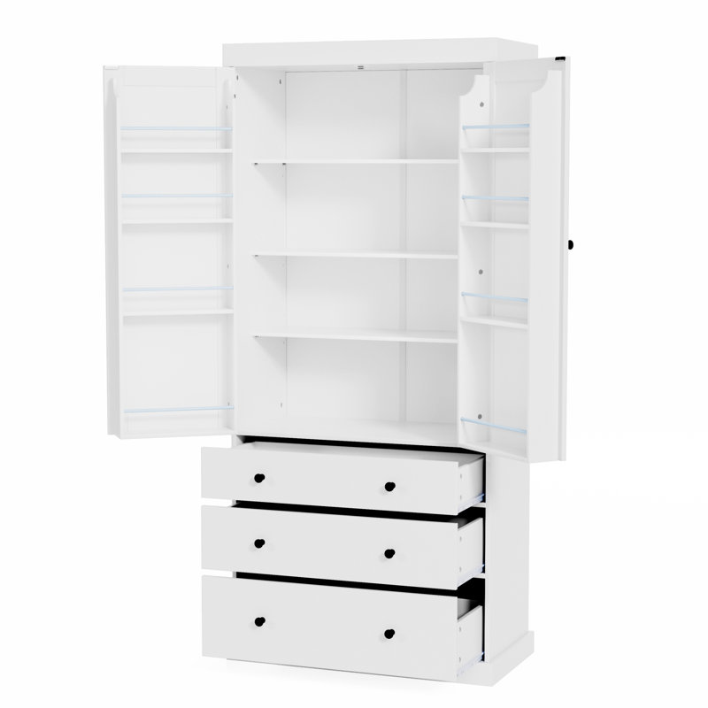 Armoire de cuisine, grande armoire de rangement autoportante avec 3 tablettes réglables, 8 tablettes de porte, 3 tiroirs pour la cuisine, la salle à manger