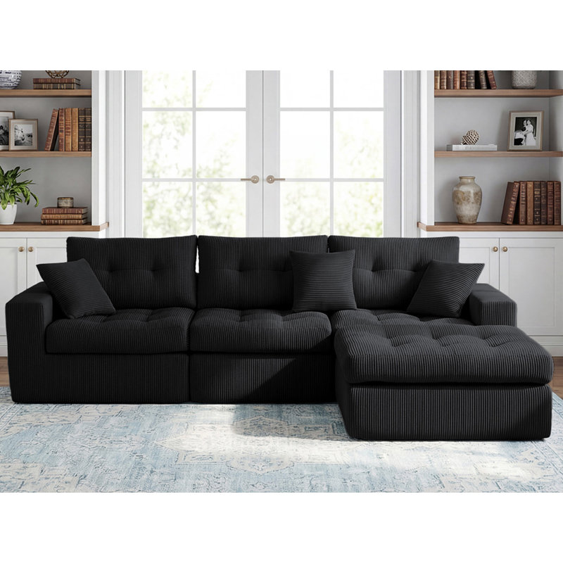 Canapé modulaire de 113 po en velours côtelé 113 po avec 3 coussins décoratifs sans assemblage requis, Noir