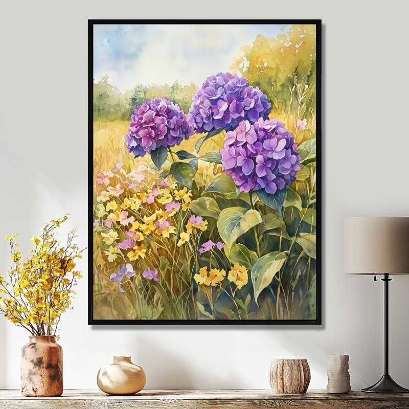 Hortensias dans un champ ensoleillé I - hydrangées, art mural, Noir, Reproduction avec cadre flottant, H 20 po x l 12 po
