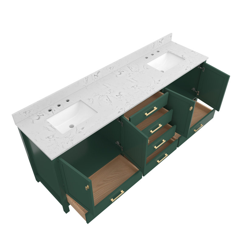 Élégants meubles-lavabos en bois massif 84 po avec lavabo double, style vert moderne