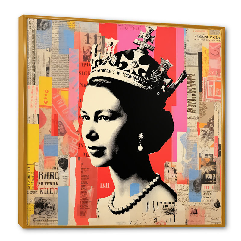 Coloré popart iconique, reine du Royaume-Uni 2 - art mural célébrité, H 16 po x l 16 po x P 1 po, Cadre flottant doré