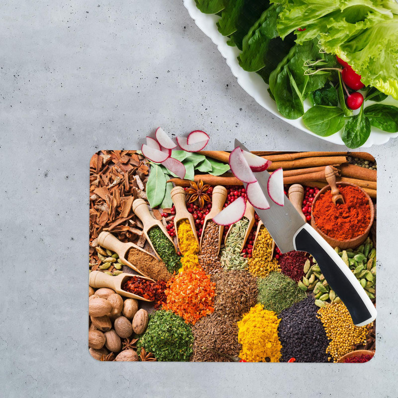 Motif d'épices colorées sur une planche de service en verre moderne, idéal pour la cuisine, 11 po x 15 po