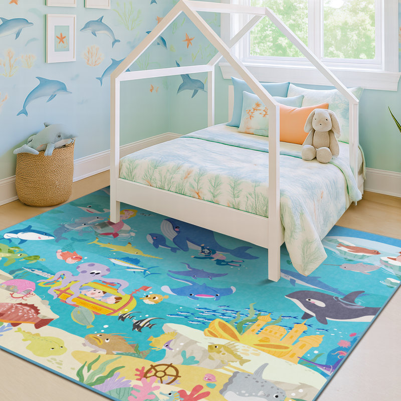 Tapis Océan 150 x 210 cm pour chambre d'enfant – Grand tapis avec vagues, baleine et sirène, lavable et antidérapant, idéal pour l'éveil des tout-petits, la décoration de la chambre ou de la salle de jeux.