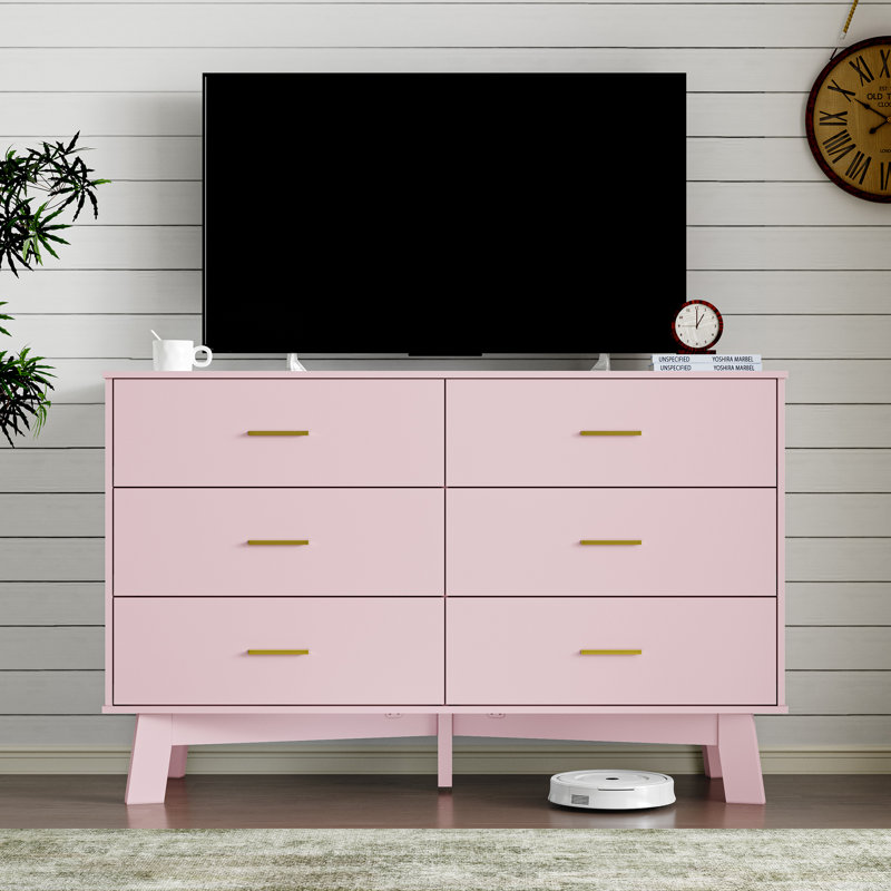Commode 6 tiroirs double 47,24 po de largeur, commode avec base réglable pour chambre à coucher et salon, Rose