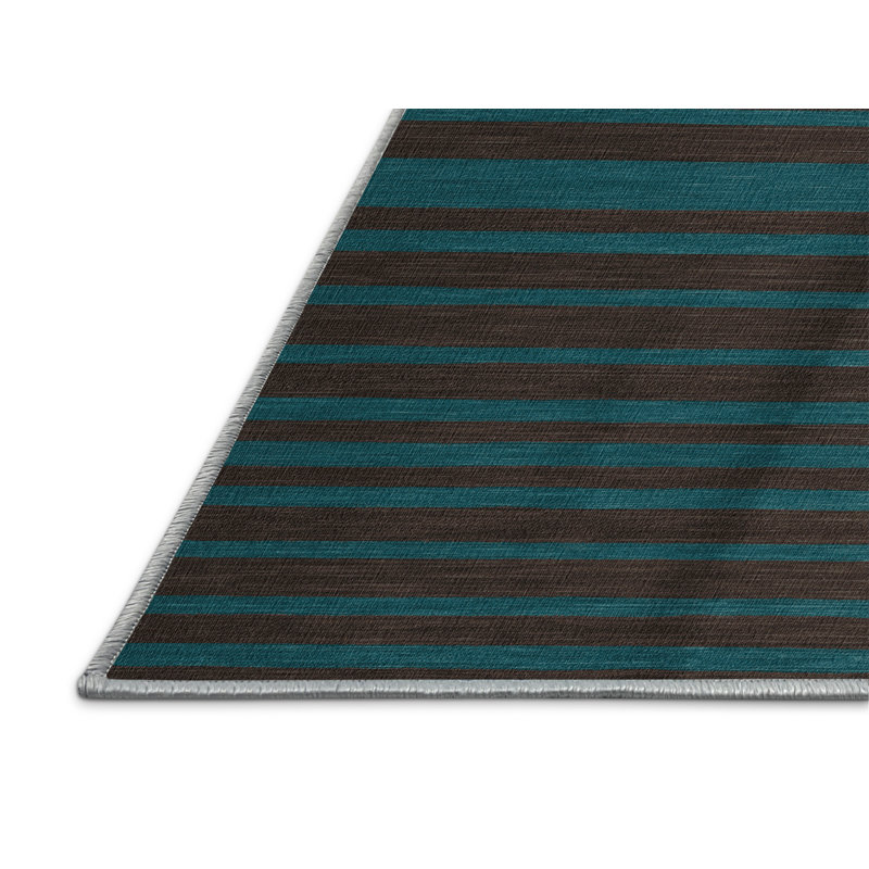 Tapis bleu à rayures horizontales lavable à la machine, Rectangle 7 pi x 9 pi