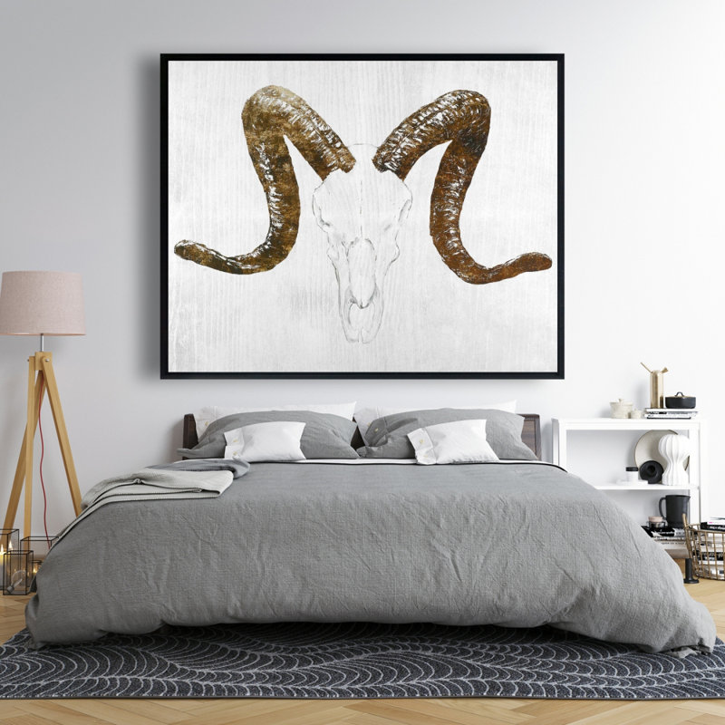 Aeries Skull with Brown Horns - Rustic Beige Framed Canvas