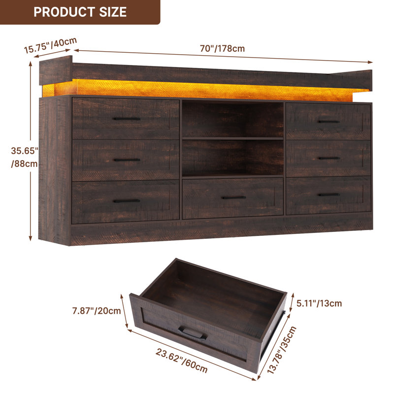 Juventina 70" 7 Drawer Dresser With Power Outlets, LED Lights, And 2 Open Storage Shelves
