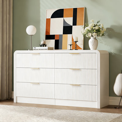 55'' Fluted 6-Drawer Dresser & TV Stand, Modern Wood Chest of Drawers with Wave Texture for Living Room or Bedroom