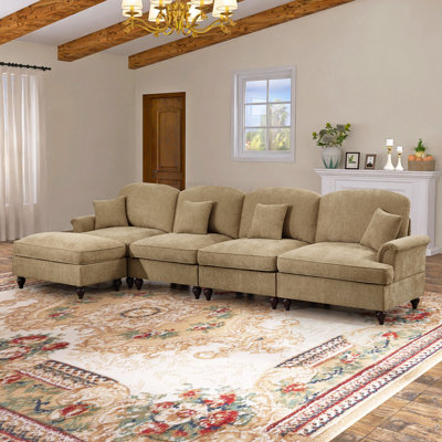Mauralia 137.8"W Chenille 4 seater sofa with one Ottoman and Removable Ruffles Pleats Skirts and Spindle Legs