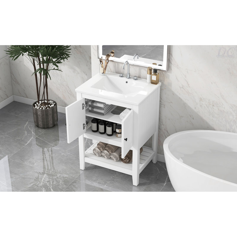 Lavabo de salle de bain moderne élégant en céramique 24 po avec tablette ouverte en bois massif, Blanc