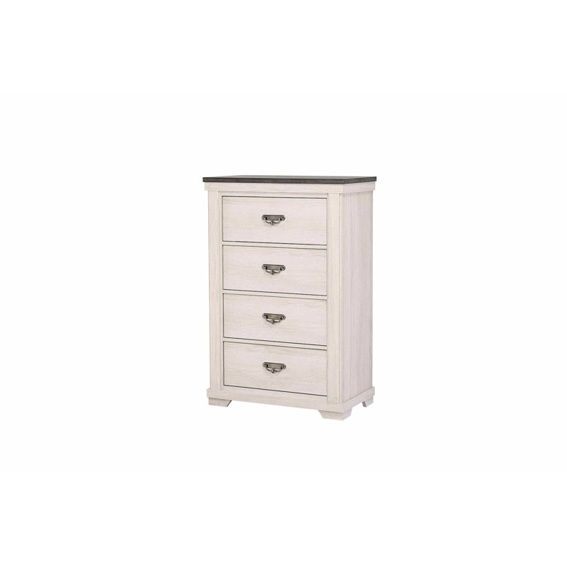 Commode de chambre contemporaine, quatre tiroirs, gris beige + commode à finition blanche pour chambre à coucher, plateau gris et finition blanche, rustique
