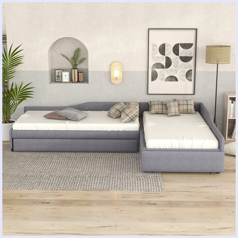 Modern Upholstered Double Twin Size Daybed with Trundle and Drawer, Gray