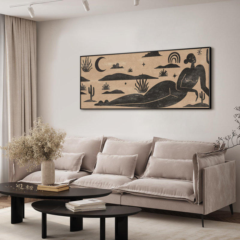 Très grande reproduction d'art sur toile - Paysage de désert noir et beige avec cactus et lune, décoration pour le salon ou la chambre à coucher - «Assemblage requis du cadre (cadre non fini)»