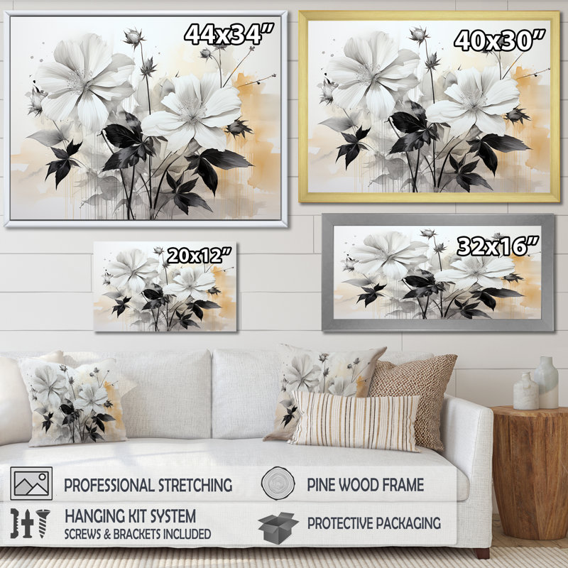 " Grey Timeless Minimalism Hibiscus I ", Black Single Picture Framed, 12" H x 20" W x 1" D
