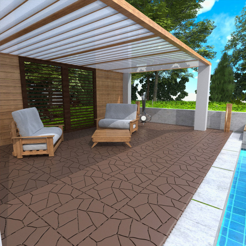 Brown Faux Stone Pattern Interlocking Outdoor Deck Tiles, 12" x 12"