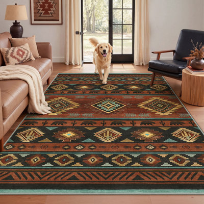 Tapis de style Southwestern Bear Cactus, tapis tribal rustique à faible épaisseur lavable à la machine OEKO-TEX
