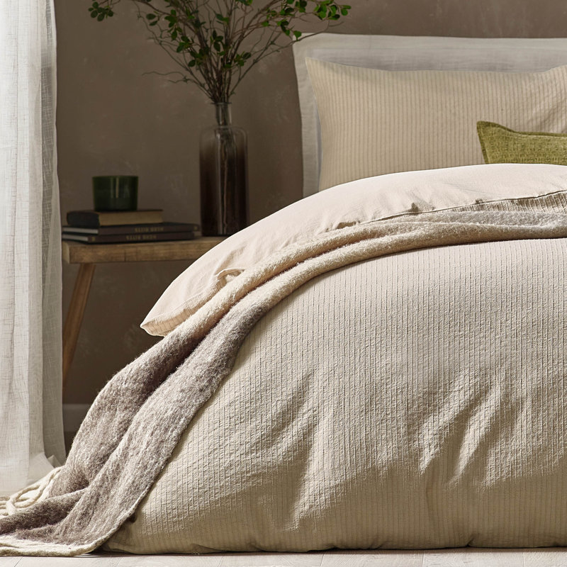 Yard Malton Stripe Cotton Striped Duvet Cover Set with Pillowcases, Double Duvet Cover + 2 Standard Pillowcases, Beige