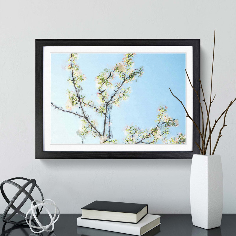 A White Cherry Blossom Tree in Abstract - Picture Frame Painting Print, 27cm H x 36cm W x 2cm D, Black Framed