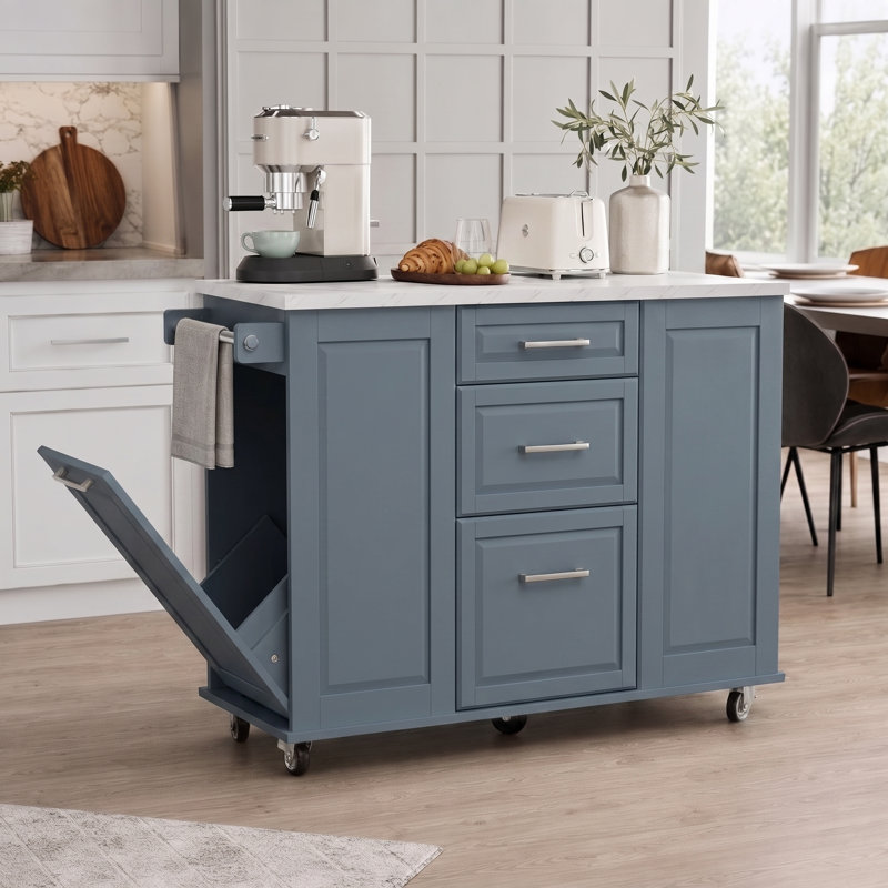 Îlot de cuisine avec plateau rabattable imitation marbre et rangement pour poubelle, Bleu gris