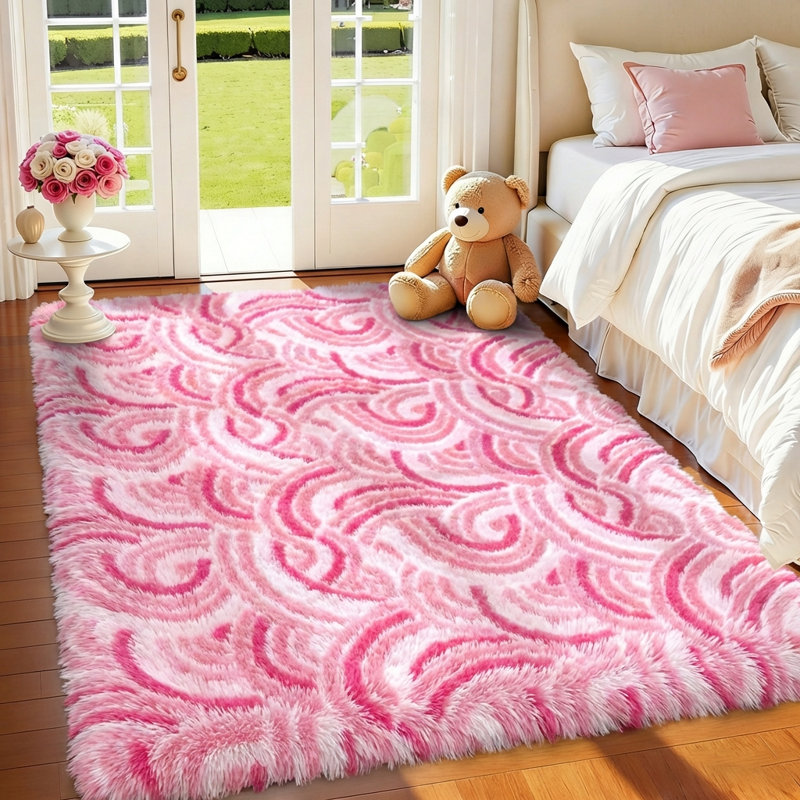 Non-Slip Cute Fluffy Shag Area Rug, Rectangle 6' x 9', Light Pink/Pink/White
