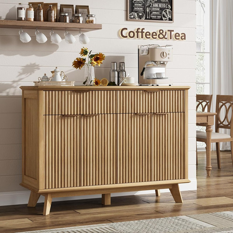 Buffet cannelé avec station de charge et tablettes réglables - Chêne naturel