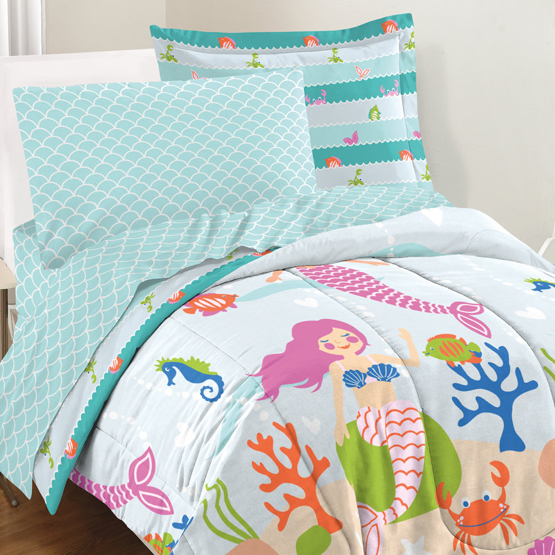 Mermaid Dreams Biab Light Blue, Full Comforter + 1 Pillowcase + 1 Sheet + 1 Sham