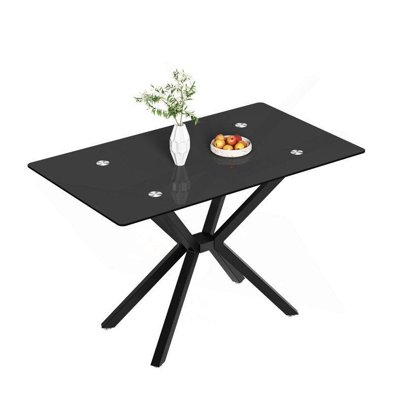 Table de salle à manger 47,24 "rectangulaire en verre trempé, design élégant avec pieds en métal noir, table de cuisine pour la salle à manger
