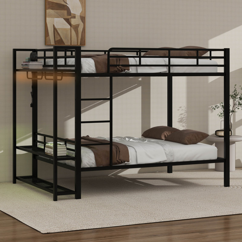 Queen Bunk Bed With Storage Shelves And LED Lights, Modern Metal Bunk Bed With Ladders
