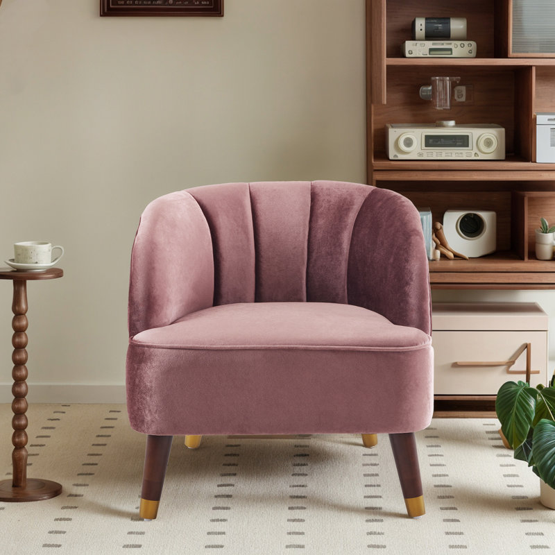 Gabrianna Upholstered Barrel Channel Chair With Wooden Legs, Blush Polyester