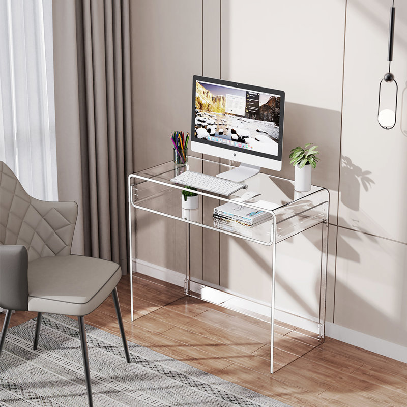  Diane 33.5'' W Rectangle Writing Desk, Modern Rectangle Acrylic Side Desk, 2 Tiers Clear End Table with Storage Shelf, Clear